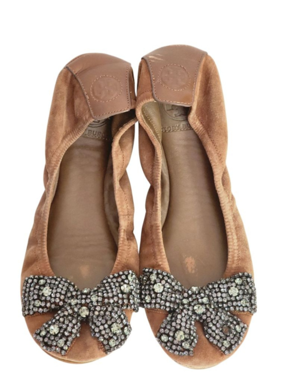 TORY BURCH Eddie‎ Brown Suede Ballet Flats Embellished Bows Rhinestones Size 7